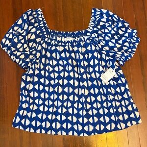 NWT Sonoma Blue and White Smocked Square-Neck Peasant Top